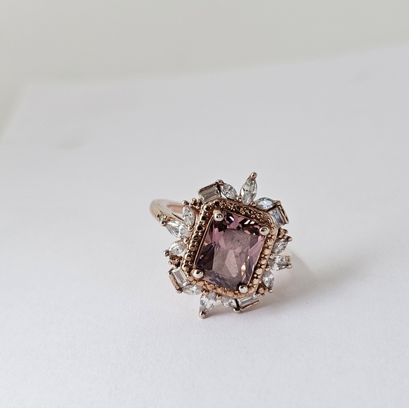 Art Deco Style Morganite & Diamond Simulants 18K Rose Gold Sterling Silver Sz 5 - Picture 4 of 8